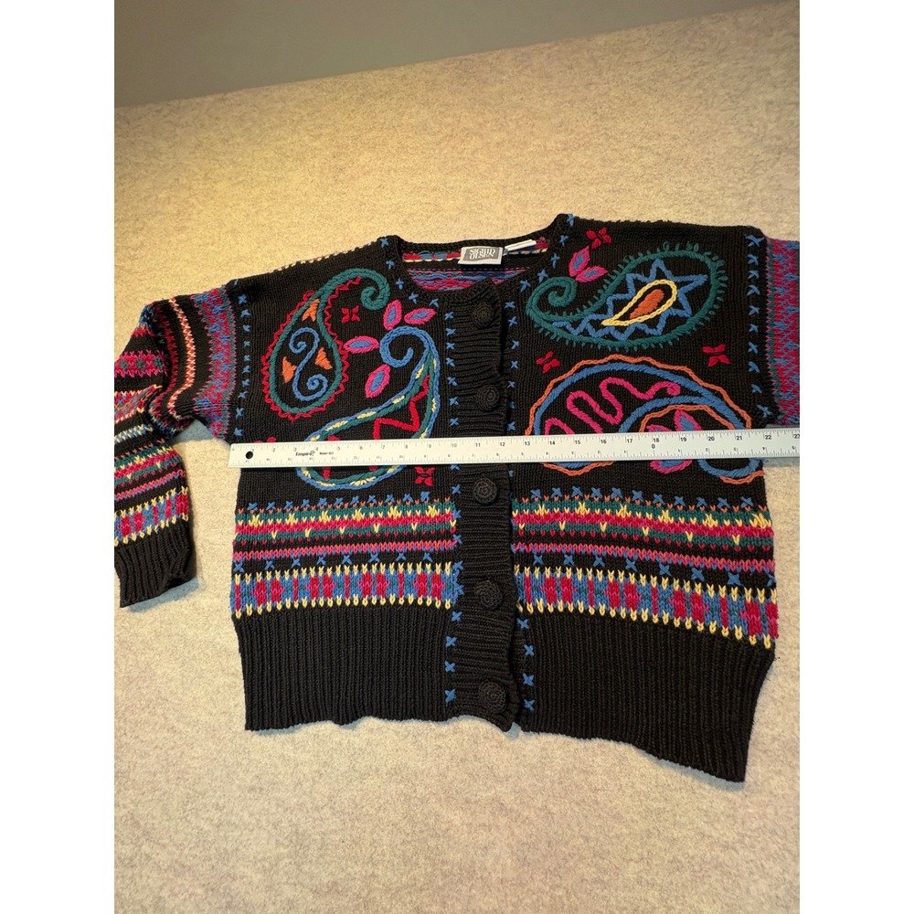 Vintage 90s Sigrid Olsen Embroidered Paisley Cardigan Sweater Black XL Cotton - Picture 6 of 8